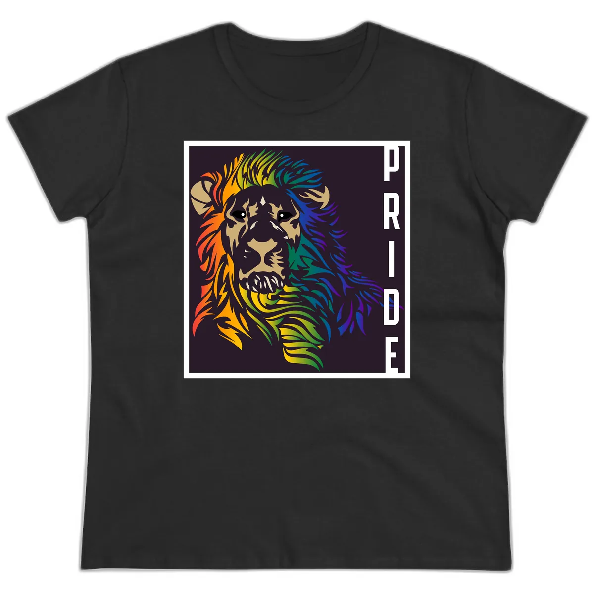 Rainbow Pride Lion Ladies Tee in Black