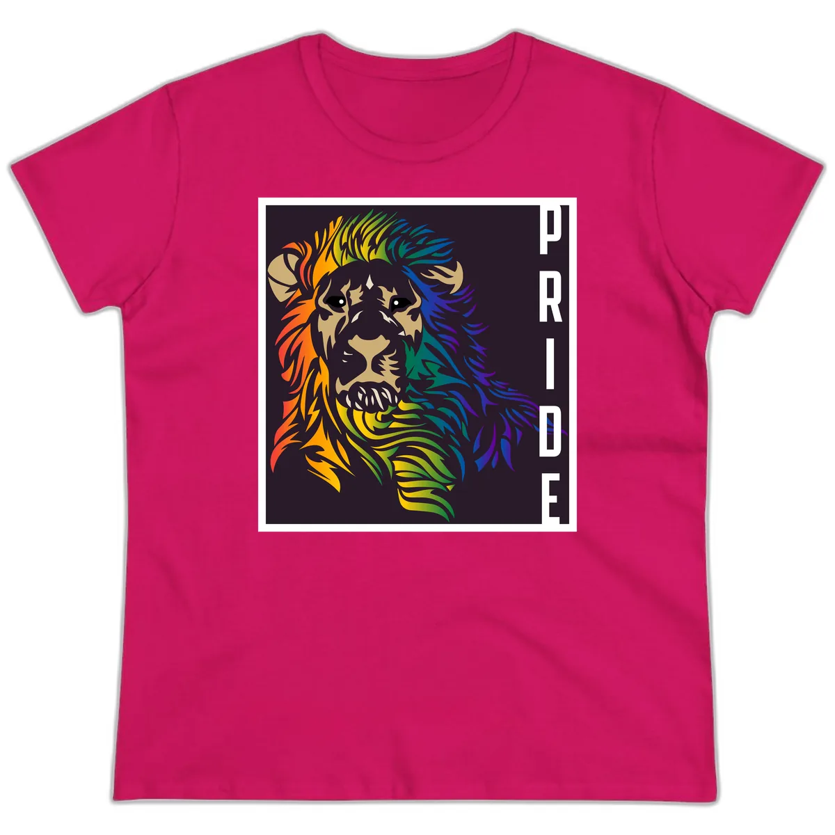 Rainbow Pride Lion Ladies Tee in Heliconia