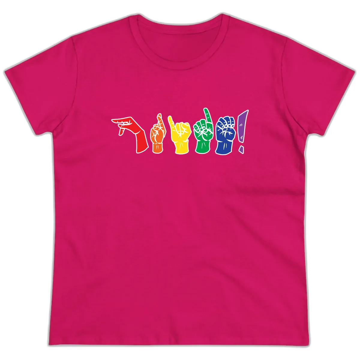 Rainbow Pride Power Fists Ladies Tee in Heliconia