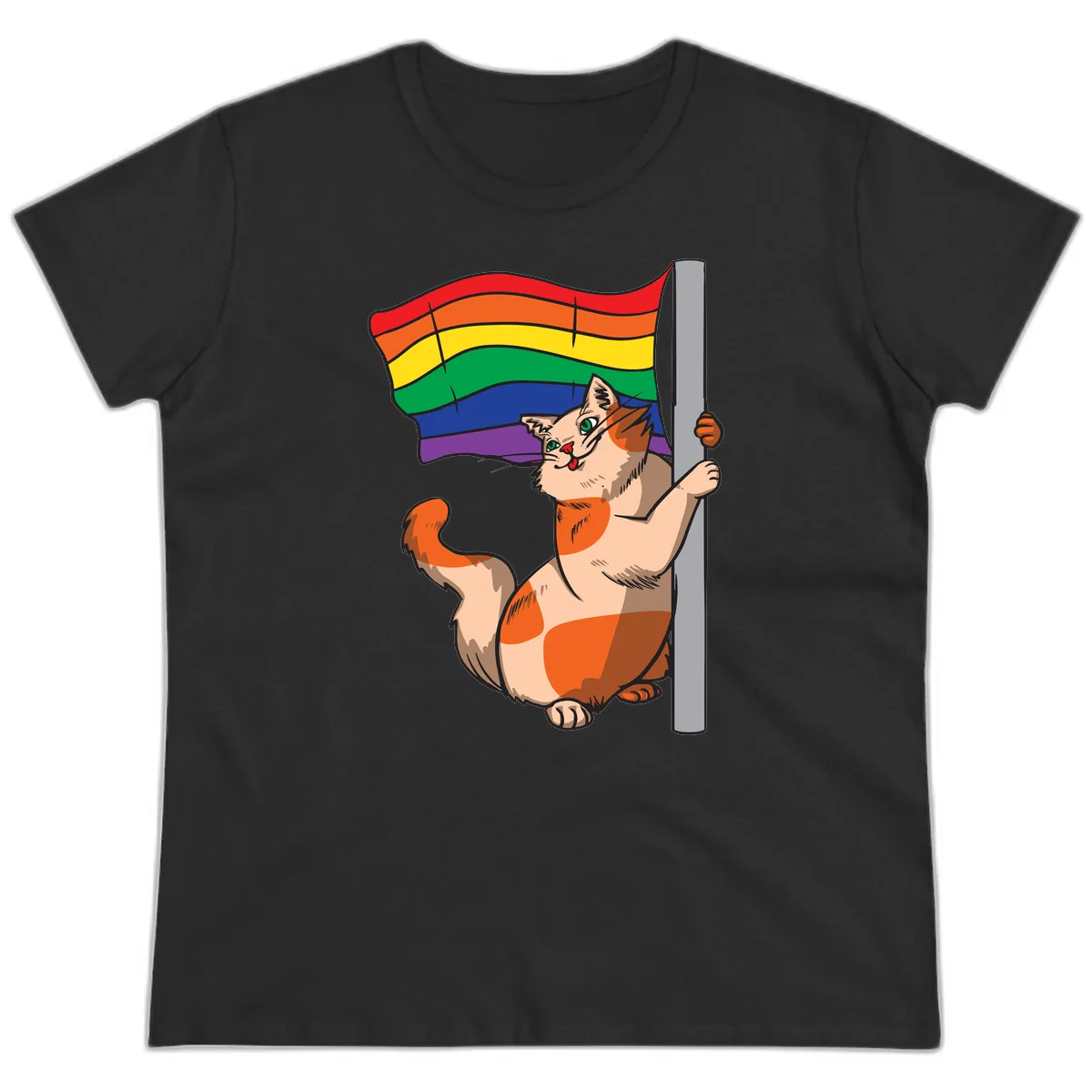 Rainbow Flag Pride Cat Ladies Tee in Black