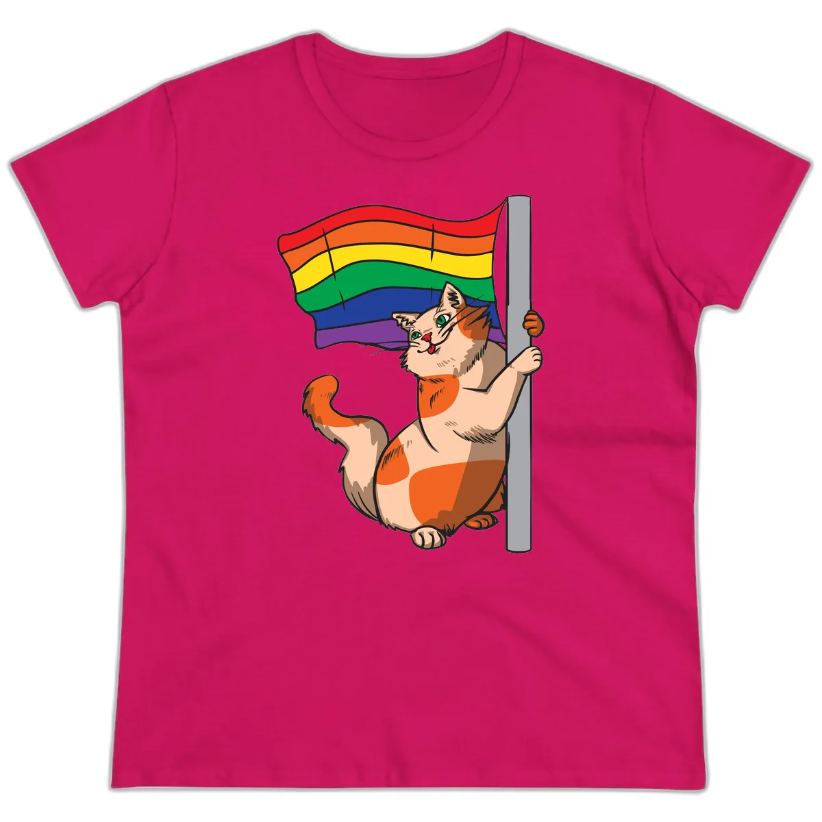Rainbow Flag Pride Cat Ladies Tee in Heliconia