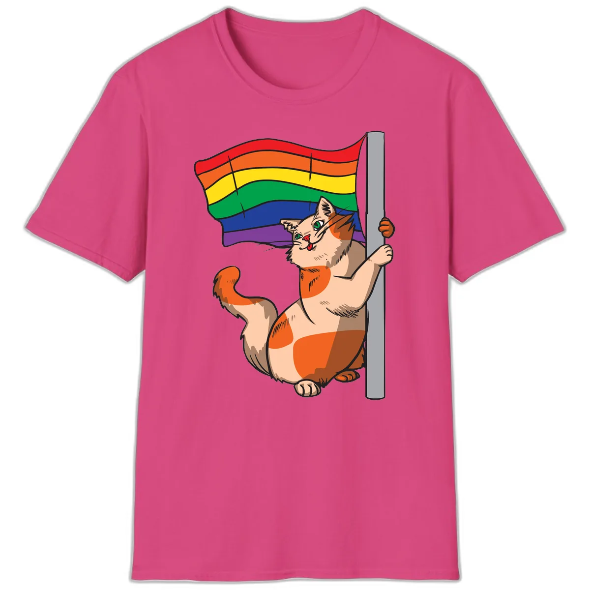 Rainbow Flag Pride Cat T-Shirt in Heliconia