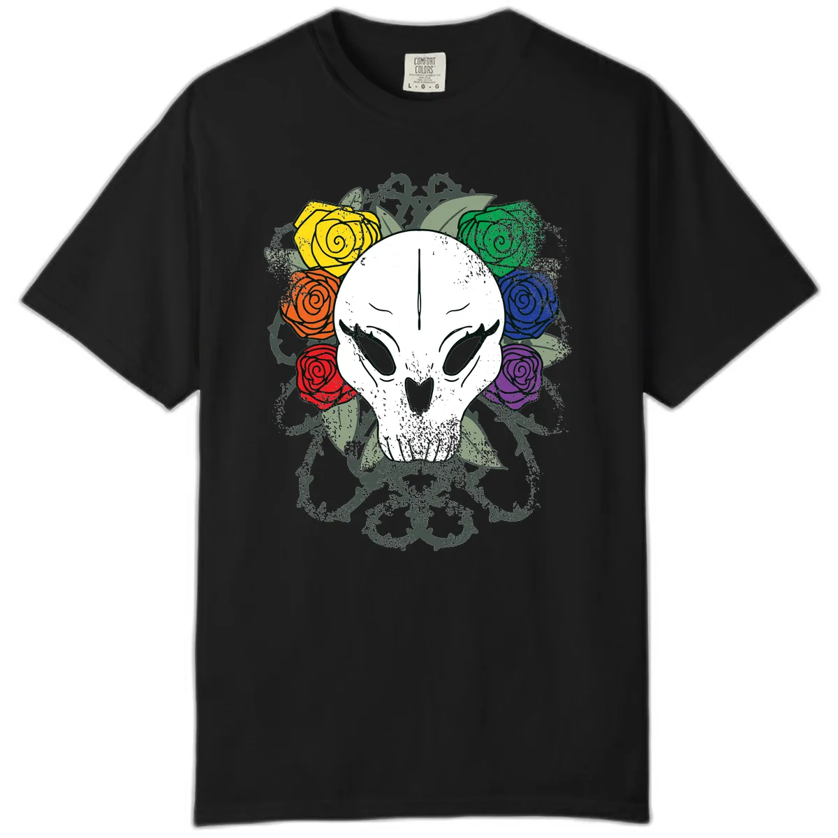 Rainbow Roses Skull Pride Comfort Color in Black