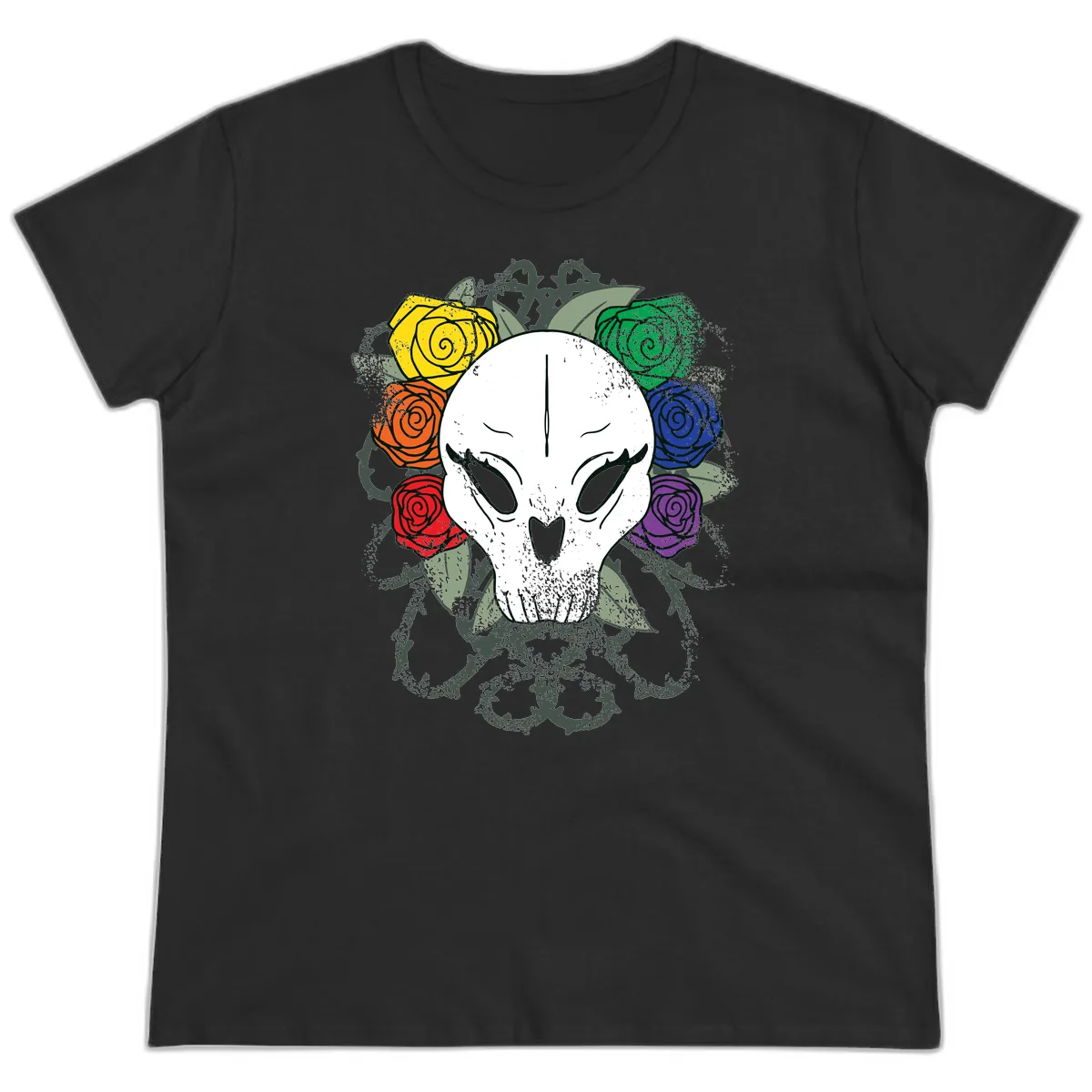 Rainbow Roses Skull Pride Ladies Tee in Black