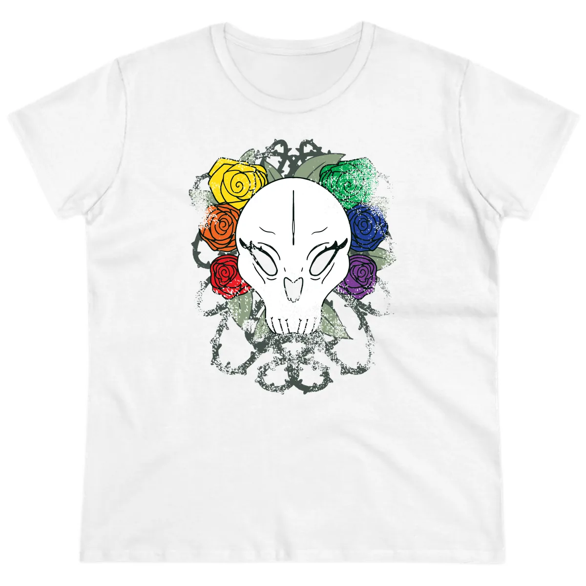 Rainbow Roses Skull Pride Ladies Tee in White