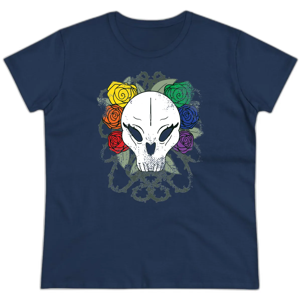 Rainbow Roses Skull Pride Ladies Tee in Navy