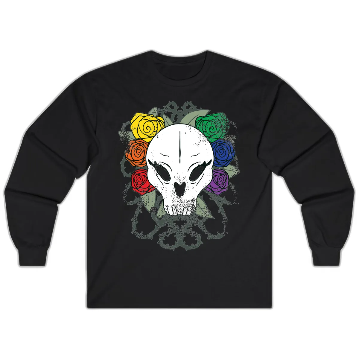 Rainbow Roses Skull Pride Long Sleeve in Black