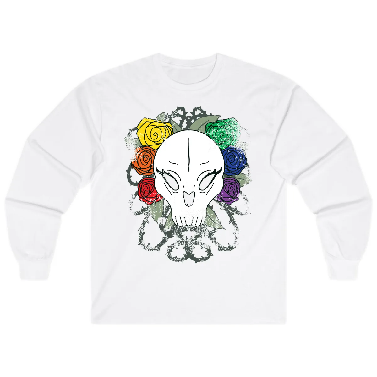 Rainbow Roses Skull Pride Long Sleeve in White