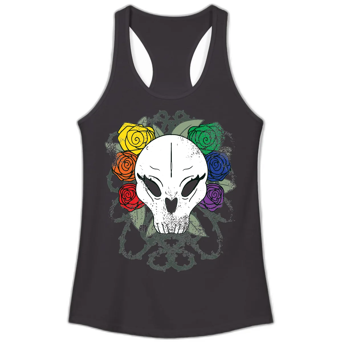 Rainbow Roses Skull Pride Ladies Tank in Black