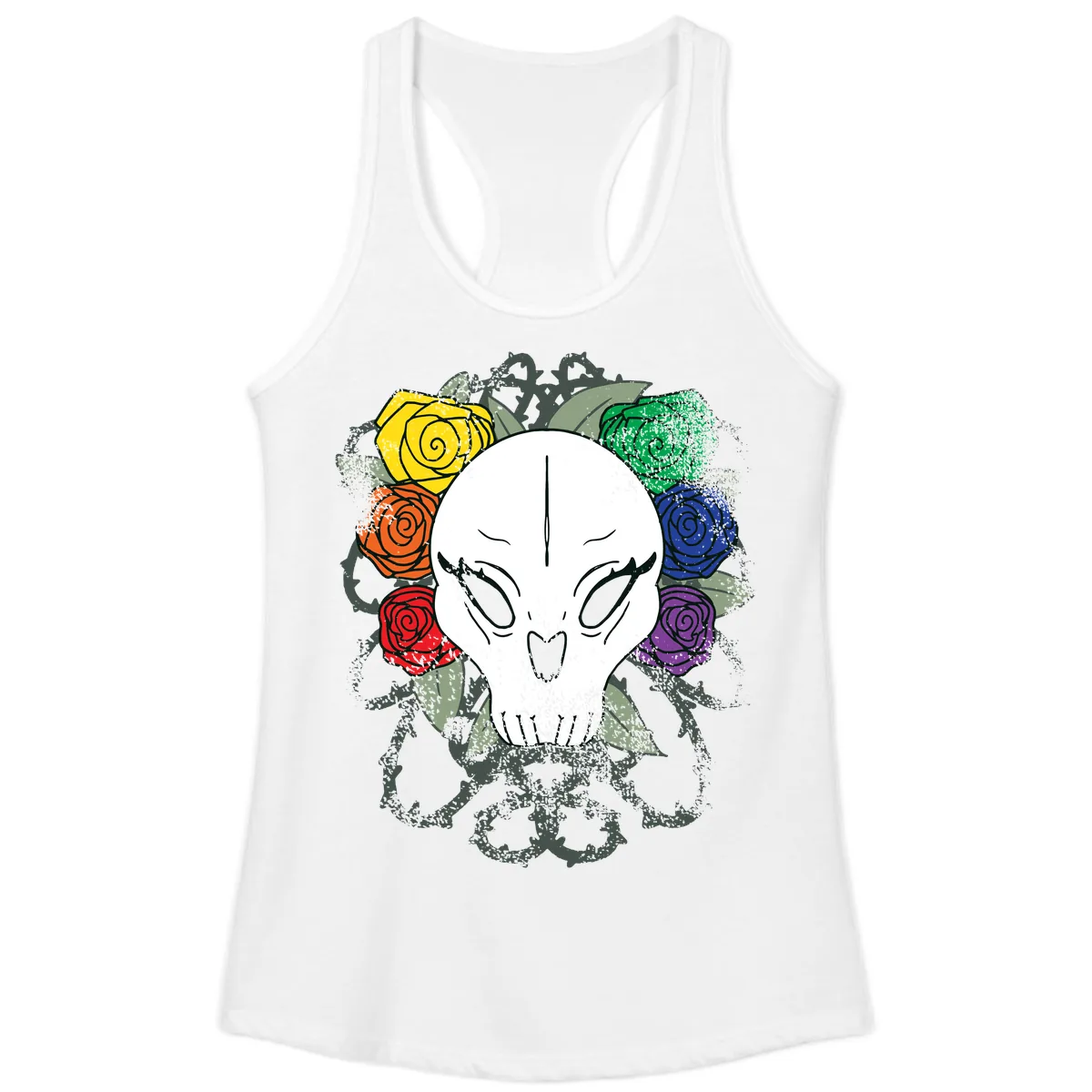 Rainbow Roses Skull Pride Ladies Tank in White