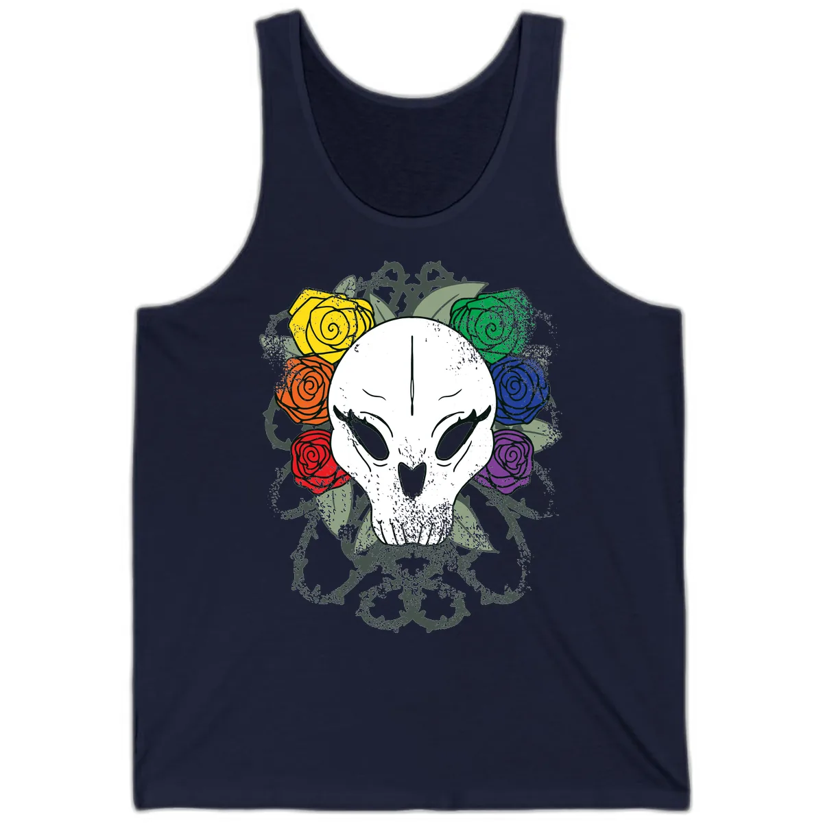 Rainbow Roses Skull Pride Tank in Navy