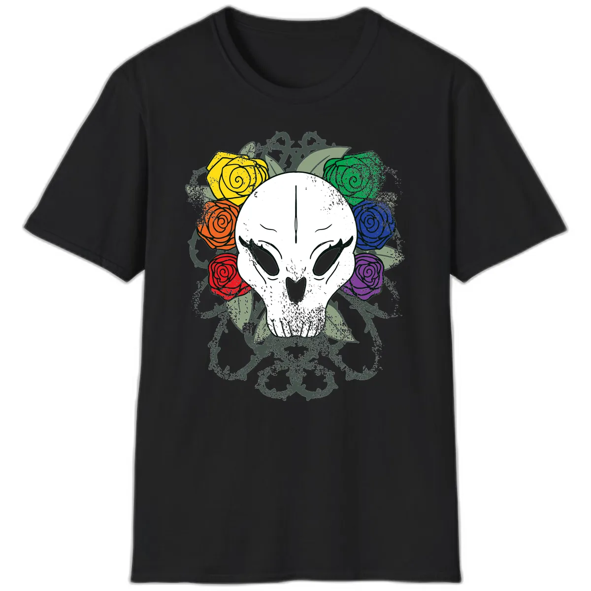 Rainbow Roses Skull Pride T-Shirt in Black