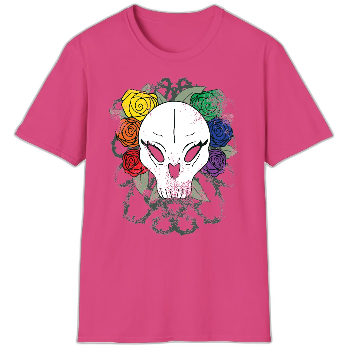 Rainbow Roses Skull Pride T-Shirt in Heliconia