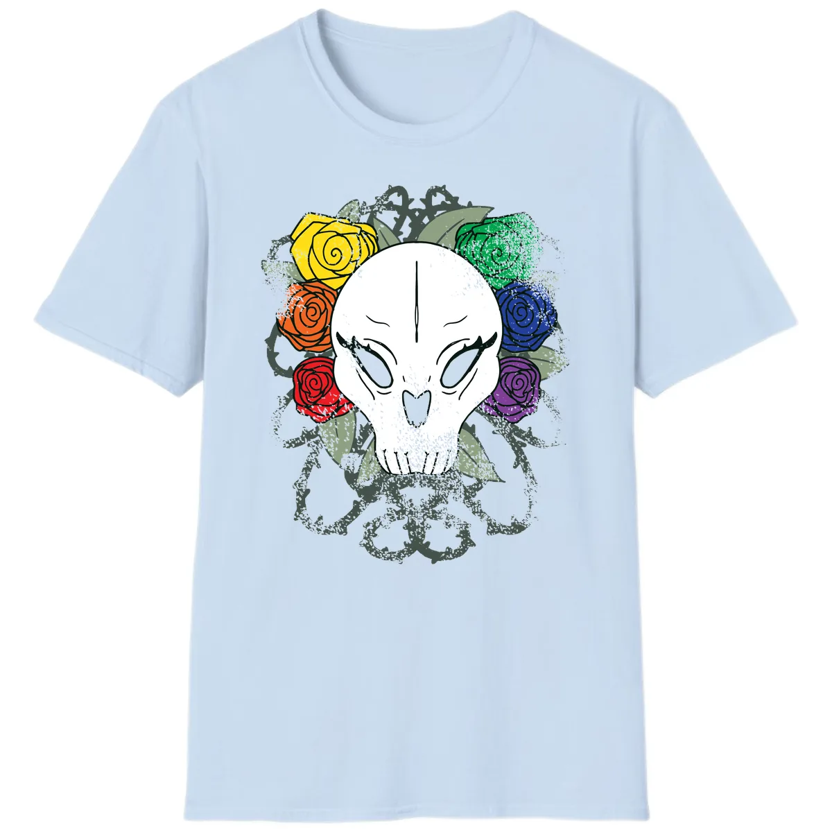 Rainbow Roses Skull Pride T-Shirt in Light Blue