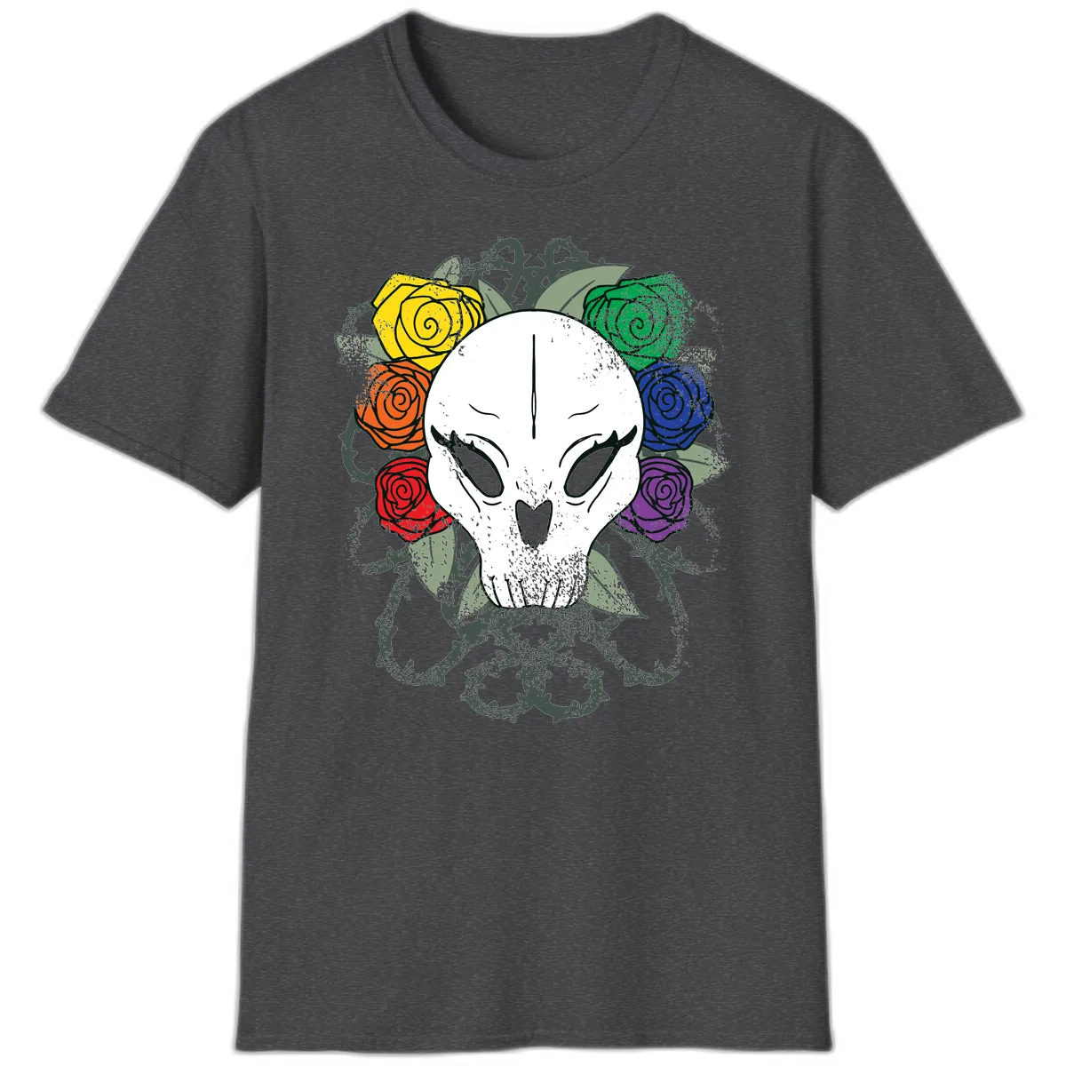 Rainbow Roses Skull Pride T-Shirt in Dark Heather