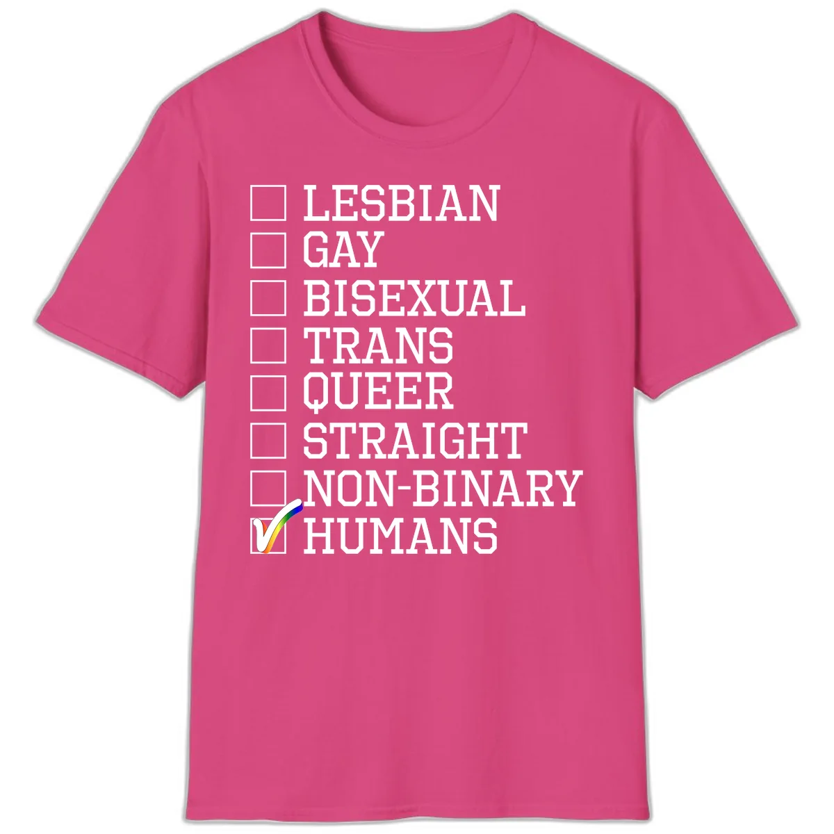 LGBTQ+ Pride Checklist T-Shirt in Heliconia