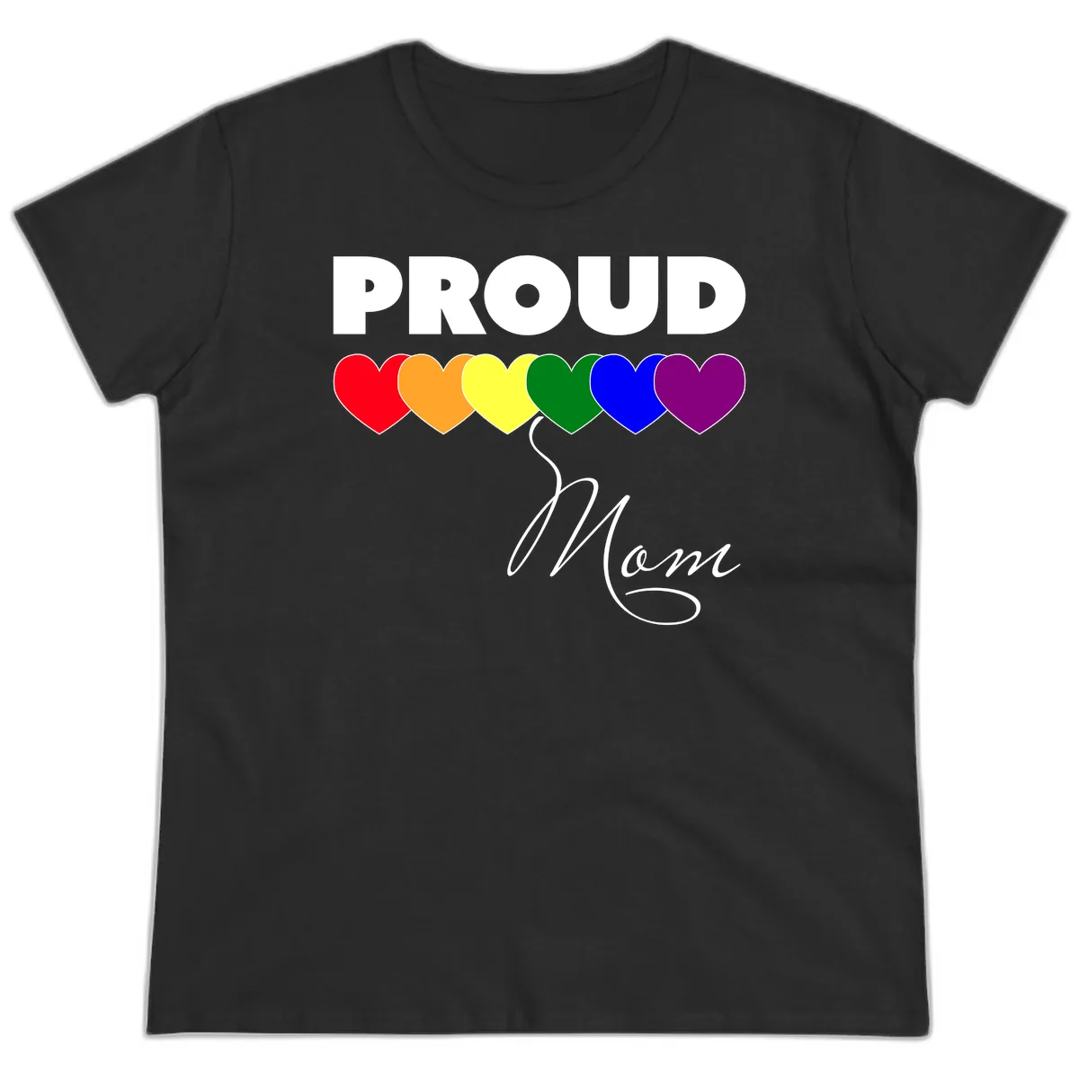Proud Mom Rainbow Hearts Ladies Tee in Black