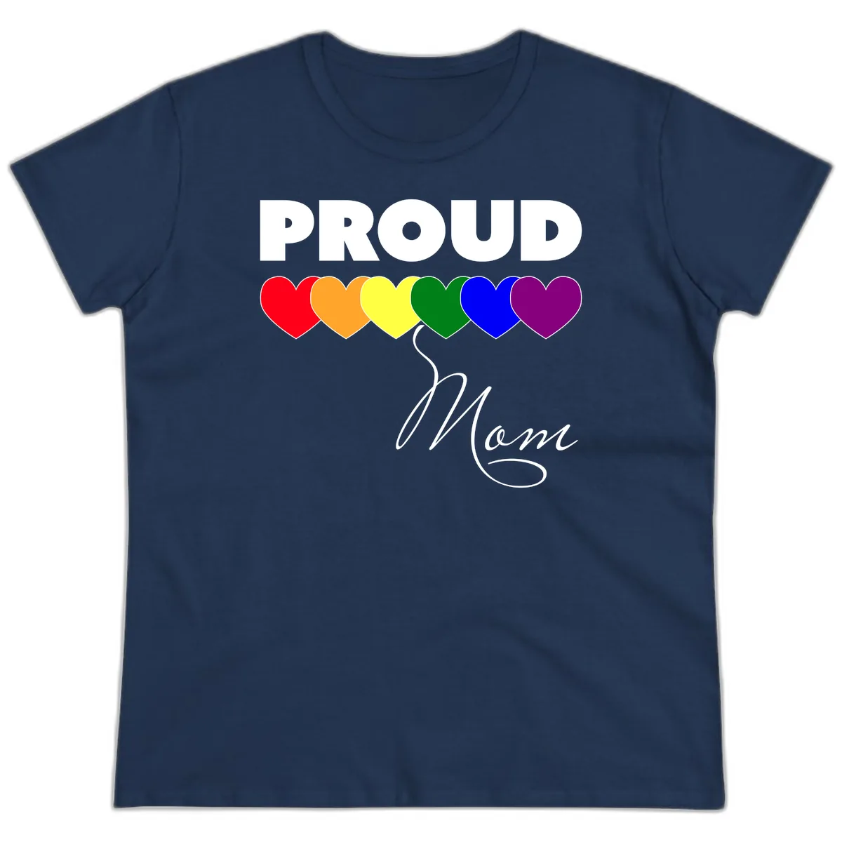 Proud Mom Rainbow Hearts Ladies Tee in Navy