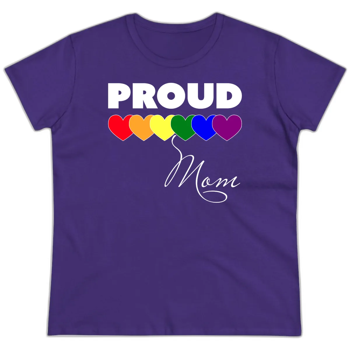 Proud Mom Rainbow Hearts Ladies Tee in Purple
