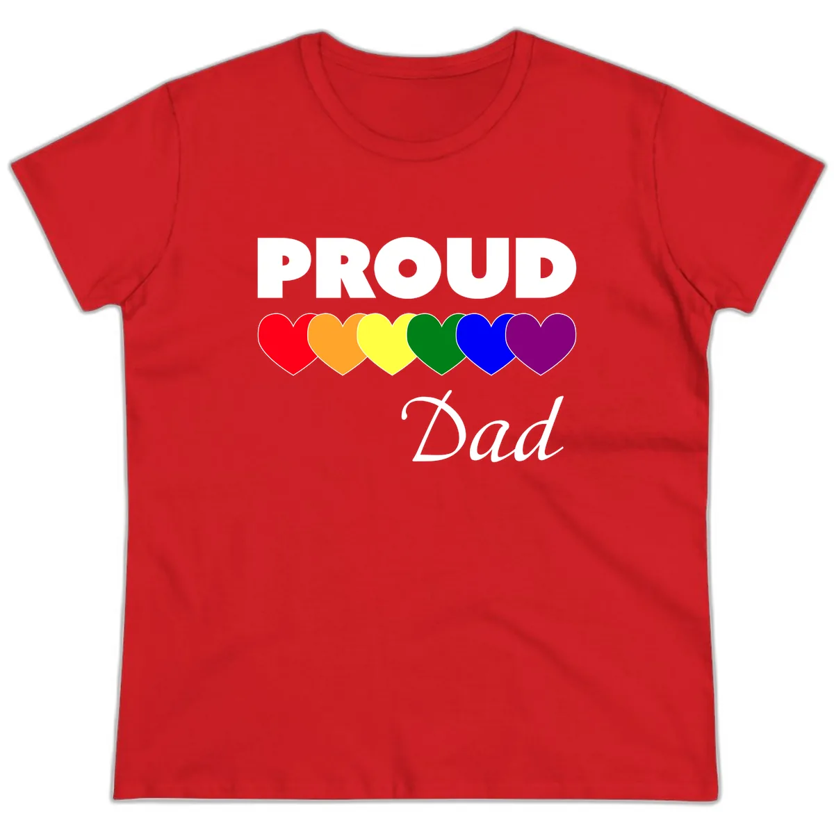 Proud Dad Rainbow Hearts Ladies Tee in Red
