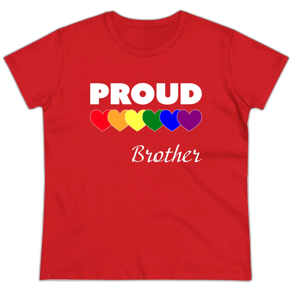 Proud Brother Rainbow Hearts Ladies Tee in Red