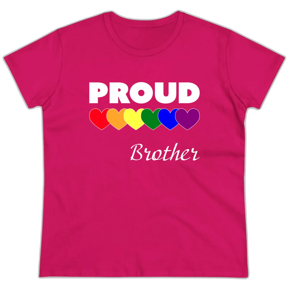 Proud Brother Rainbow Hearts Ladies Tee in Heliconia