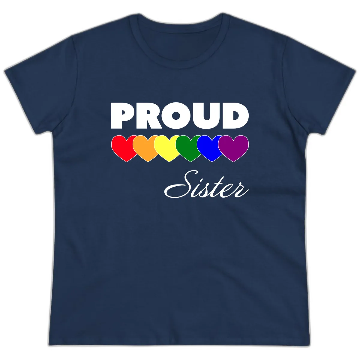 Proud Sister Rainbow Hearts Ladies Tee in Navy