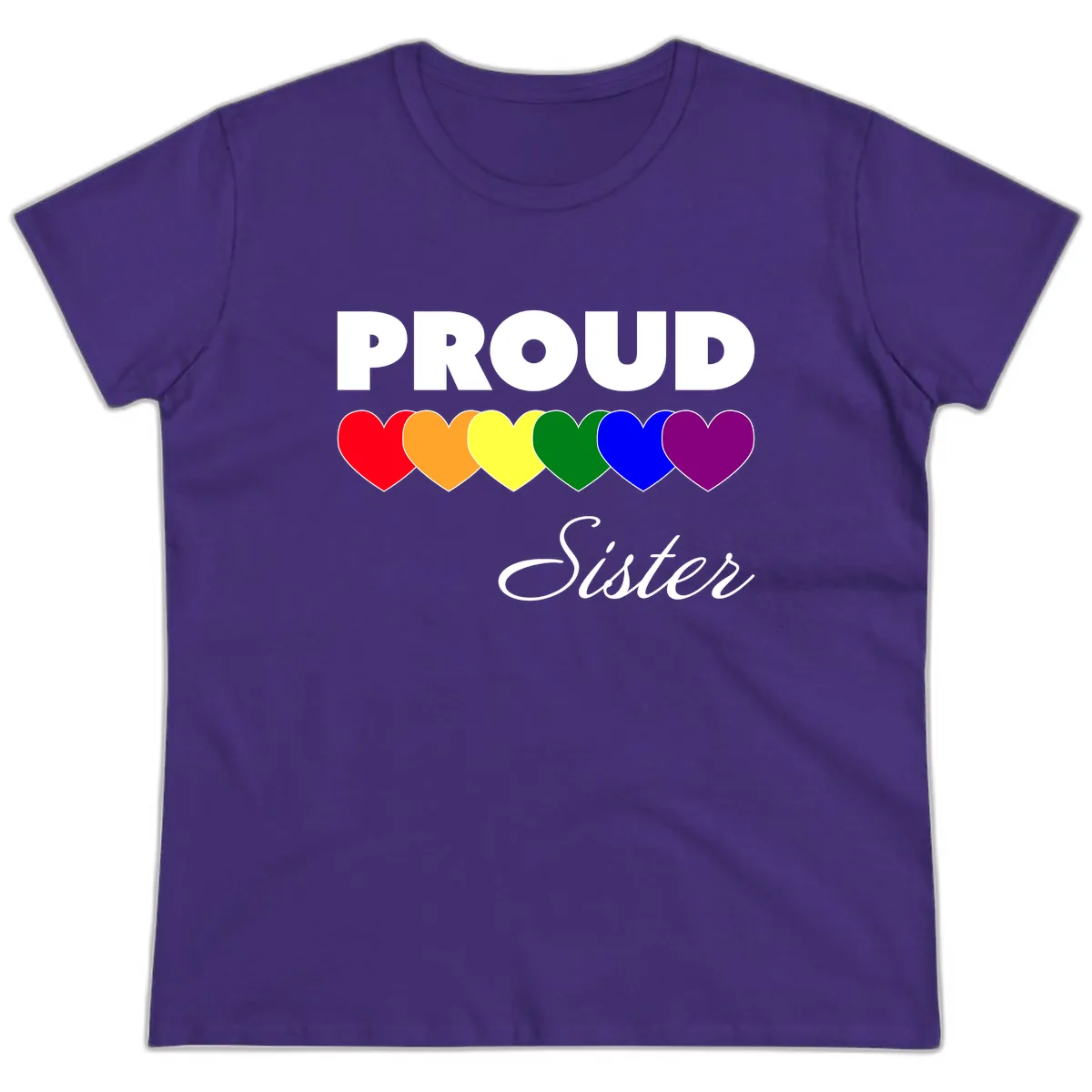 Proud Sister Rainbow Hearts Ladies Tee in Purple