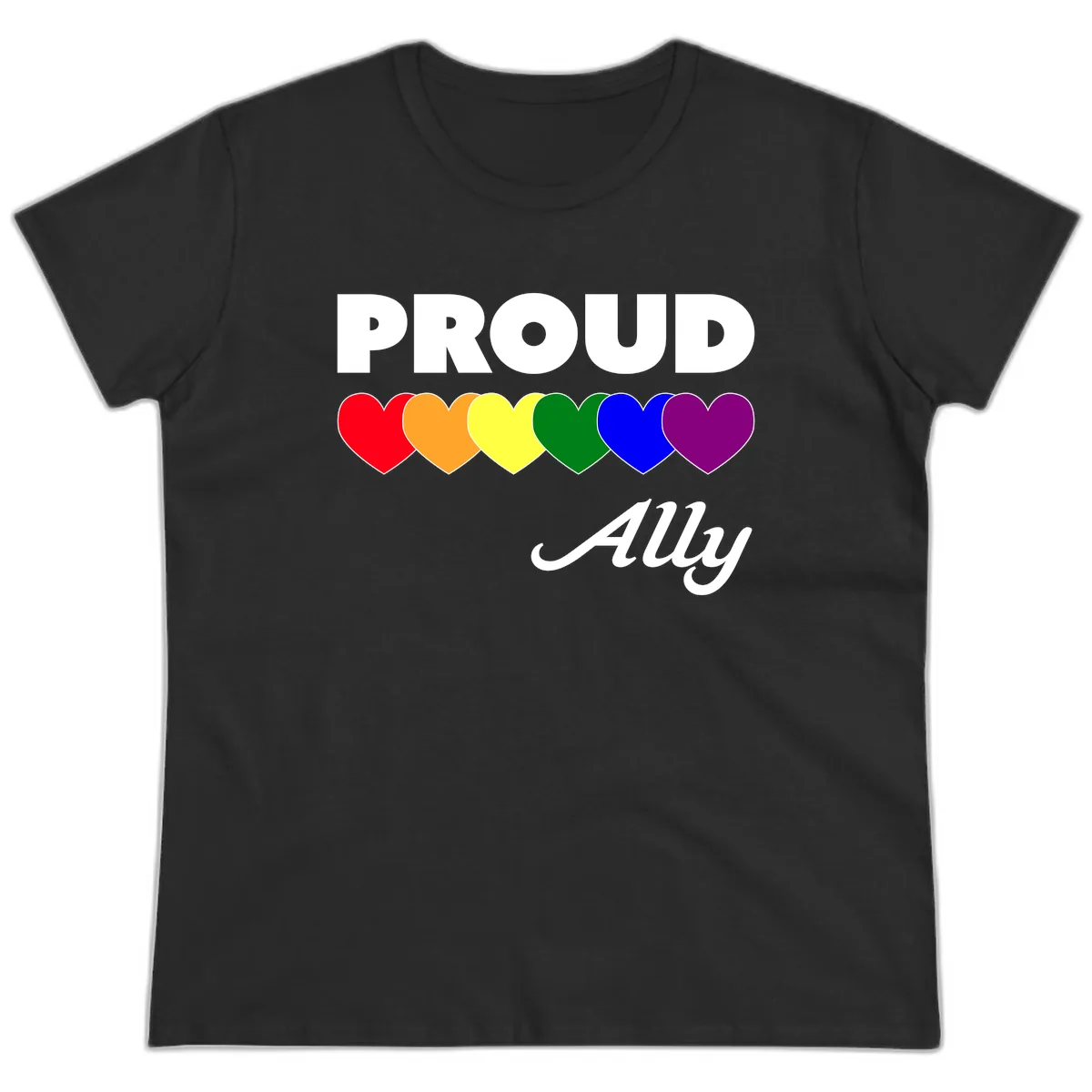 Proud Ally Rainbow Hearts Ladies Tee in Black