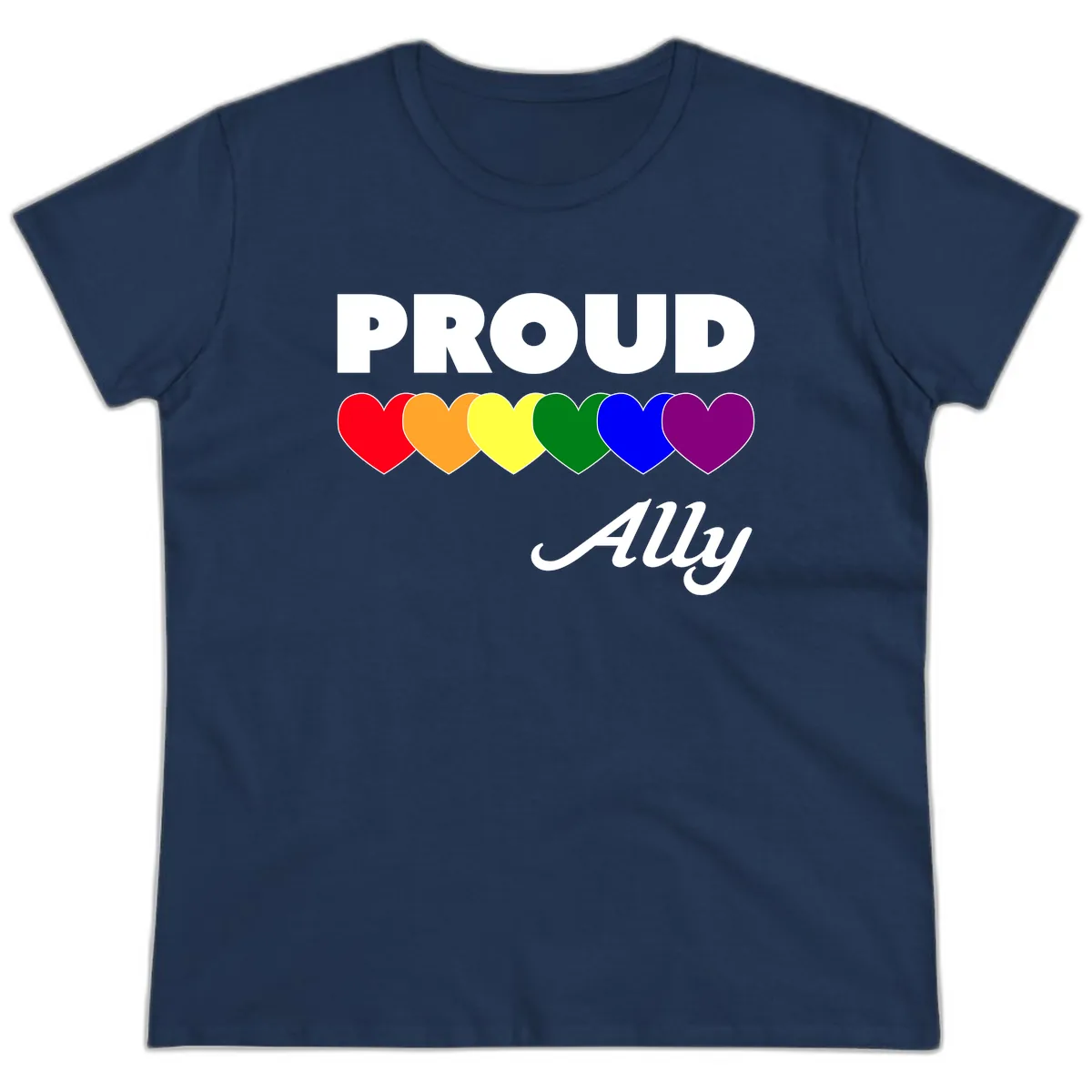Proud Ally Rainbow Hearts Ladies Tee in Navy