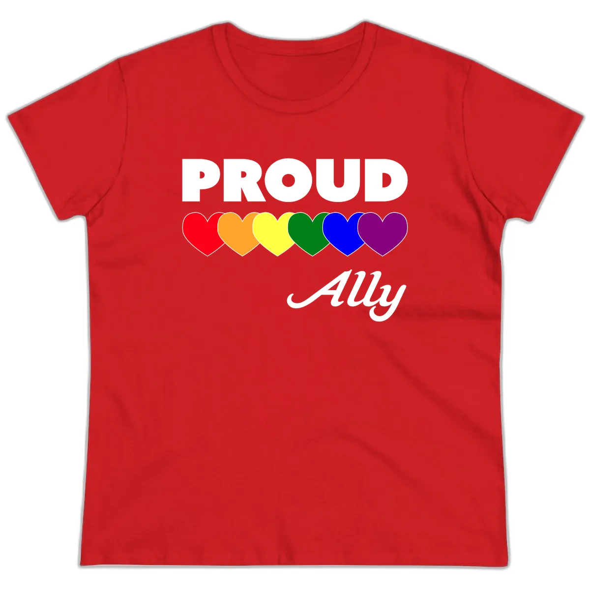 Proud Ally Rainbow Hearts Ladies Tee in Red