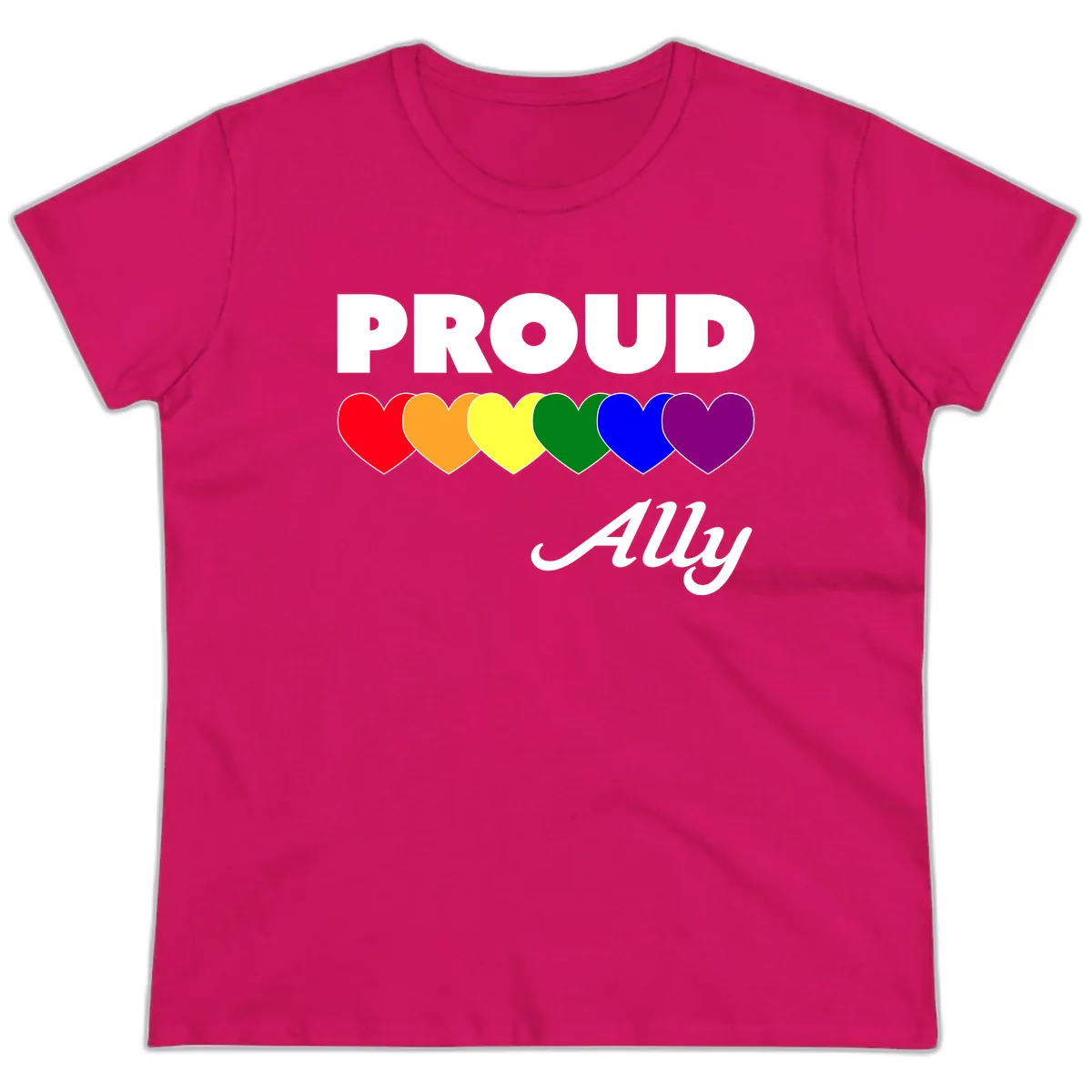 Proud Ally Rainbow Hearts Ladies Tee in Heliconia