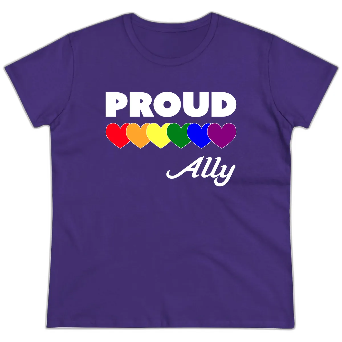 Proud Ally Rainbow Hearts Ladies Tee in Purple