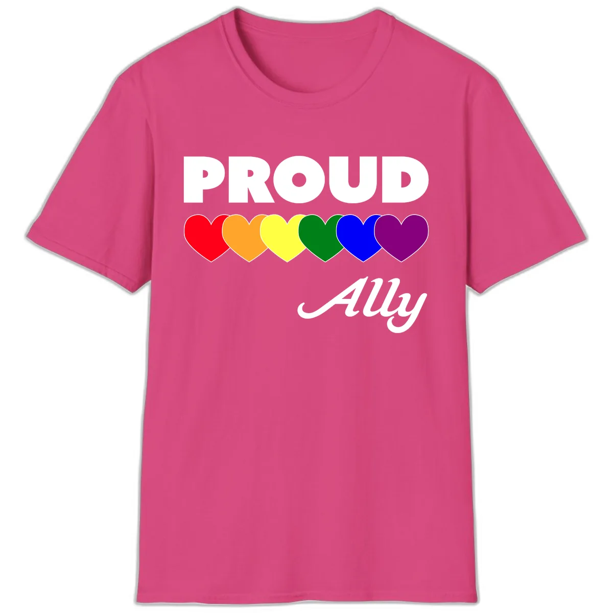 Proud Ally Rainbow Hearts T-Shirt in Heliconia