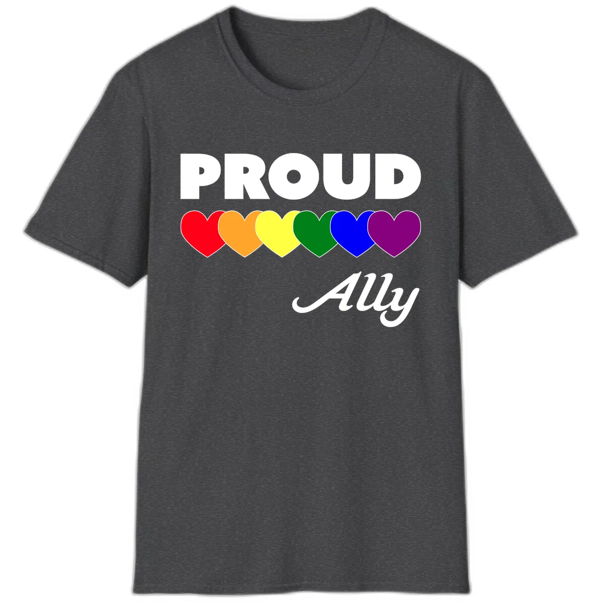 Proud Ally Rainbow Hearts T-Shirt in Dark Heather