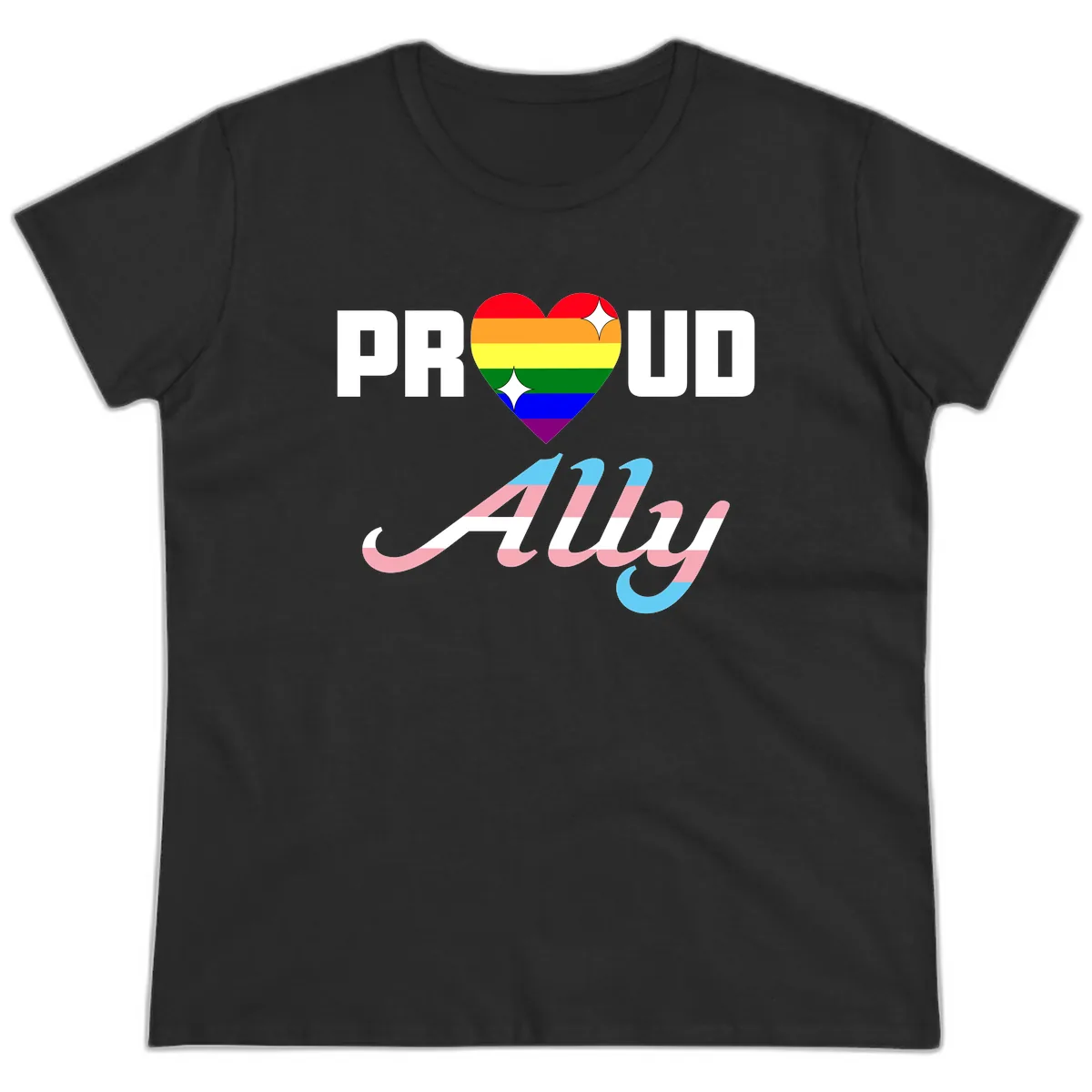 Proud Ally Rainbow Heart Pride Ladies Tee in Black