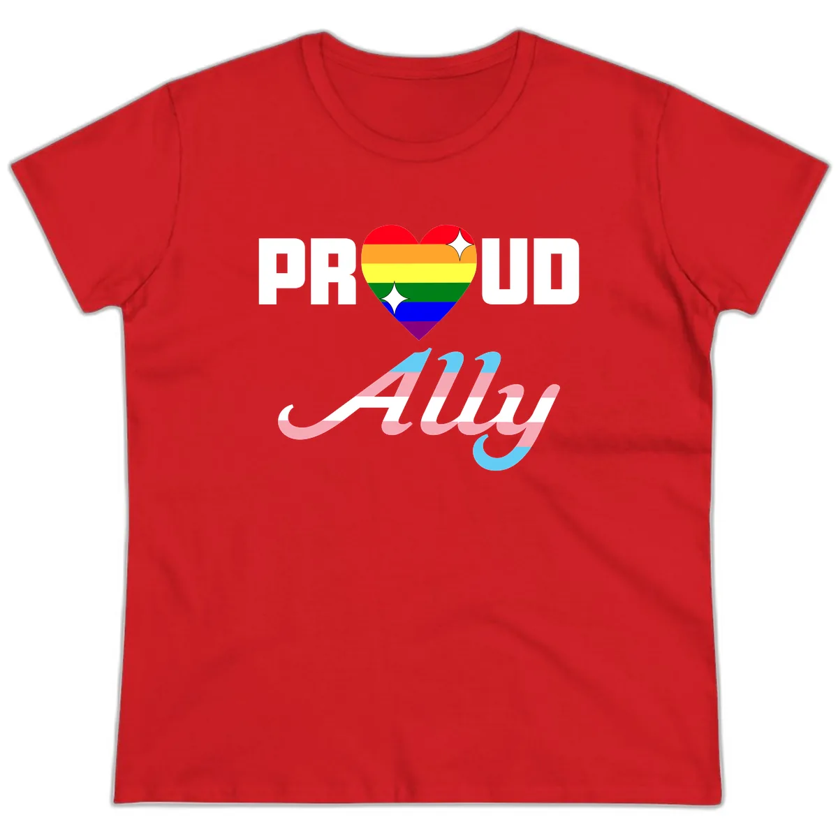 Proud Ally Rainbow Heart Pride Ladies Tee in Red