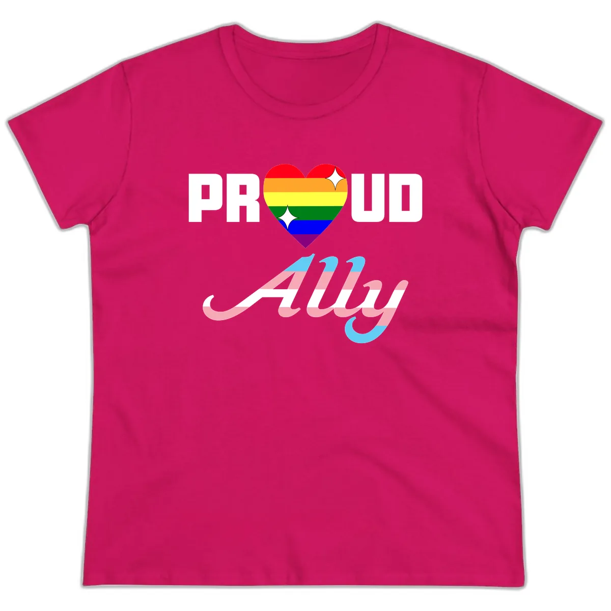Proud Ally Rainbow Heart Pride Ladies Tee in Heliconia