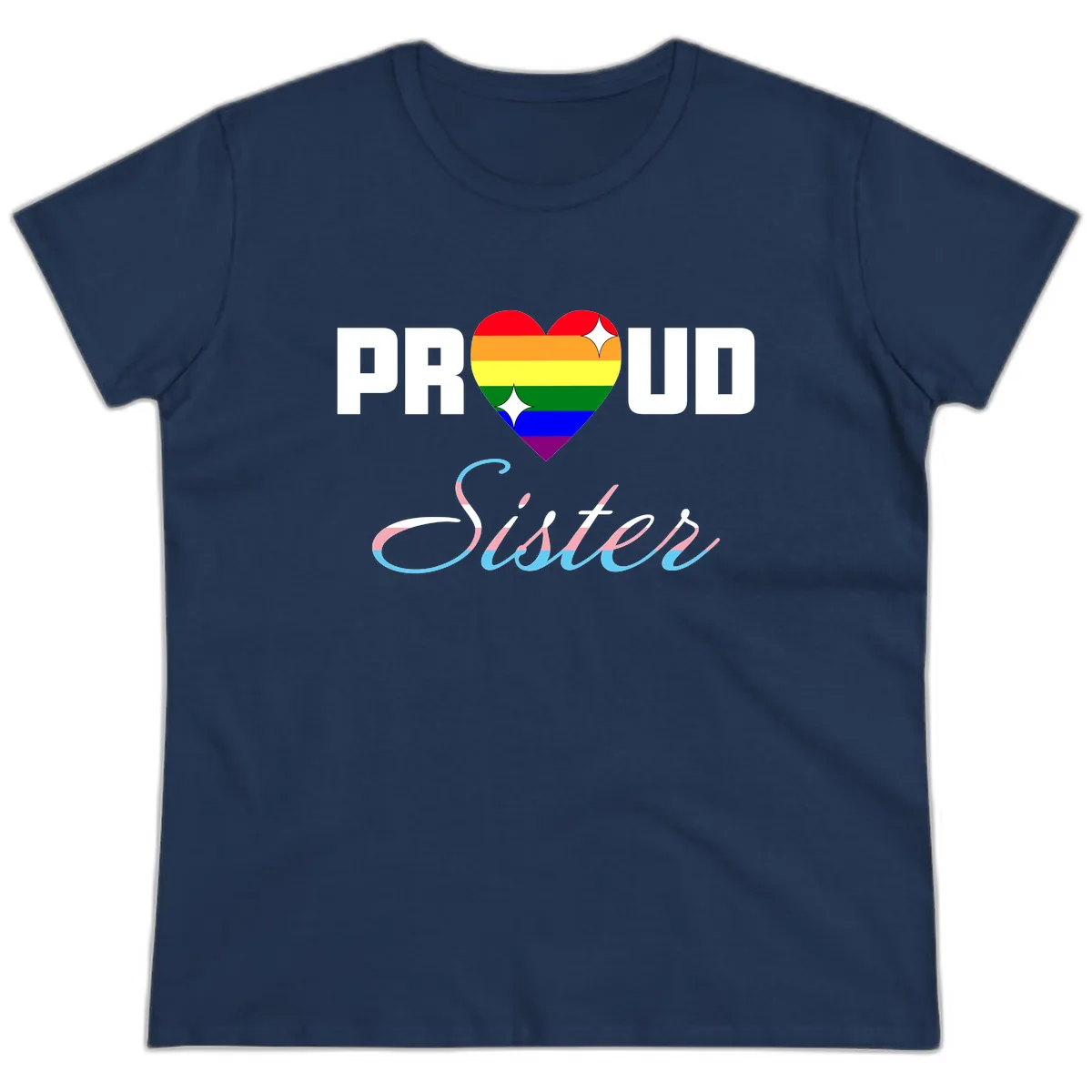 Proud Sisters Rainbow Heart Ladies Tee in Navy