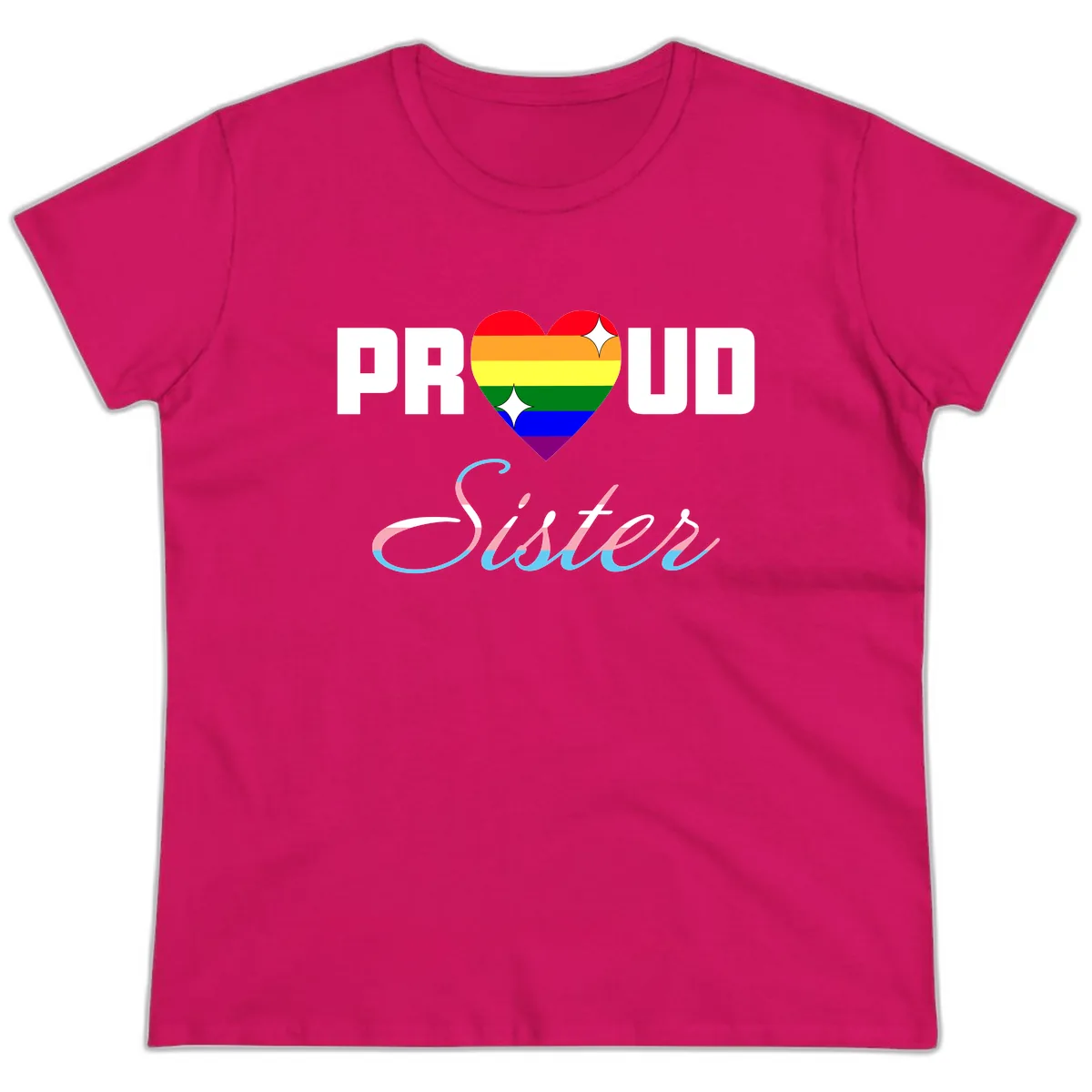 Proud Sisters Rainbow Heart Ladies Tee in Heliconia