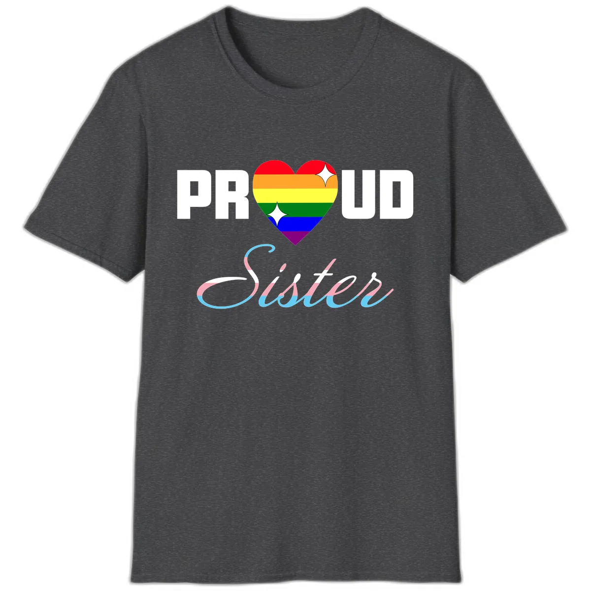 Proud Sisters Rainbow Heart T-Shirt in Dark Heather