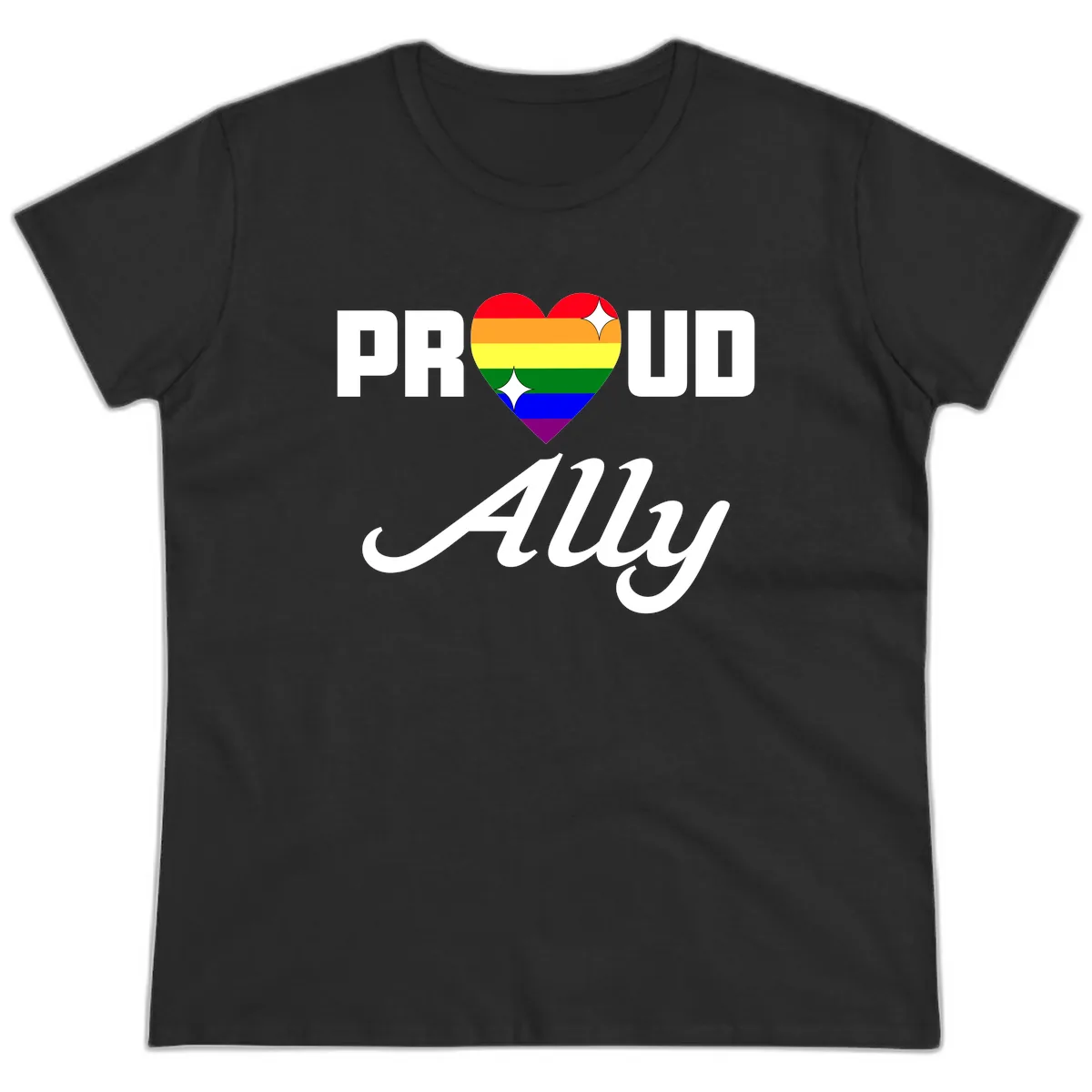 Proud Ally Rainbow Heart Ladies Tee in Black