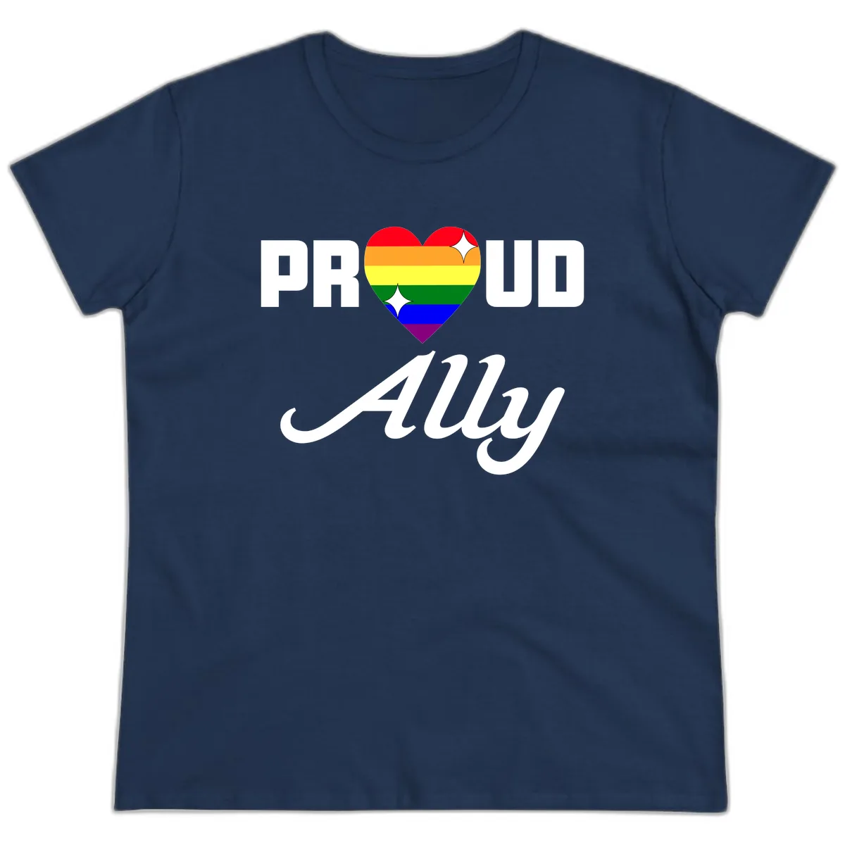 Proud Ally Rainbow Heart Ladies Tee in Navy