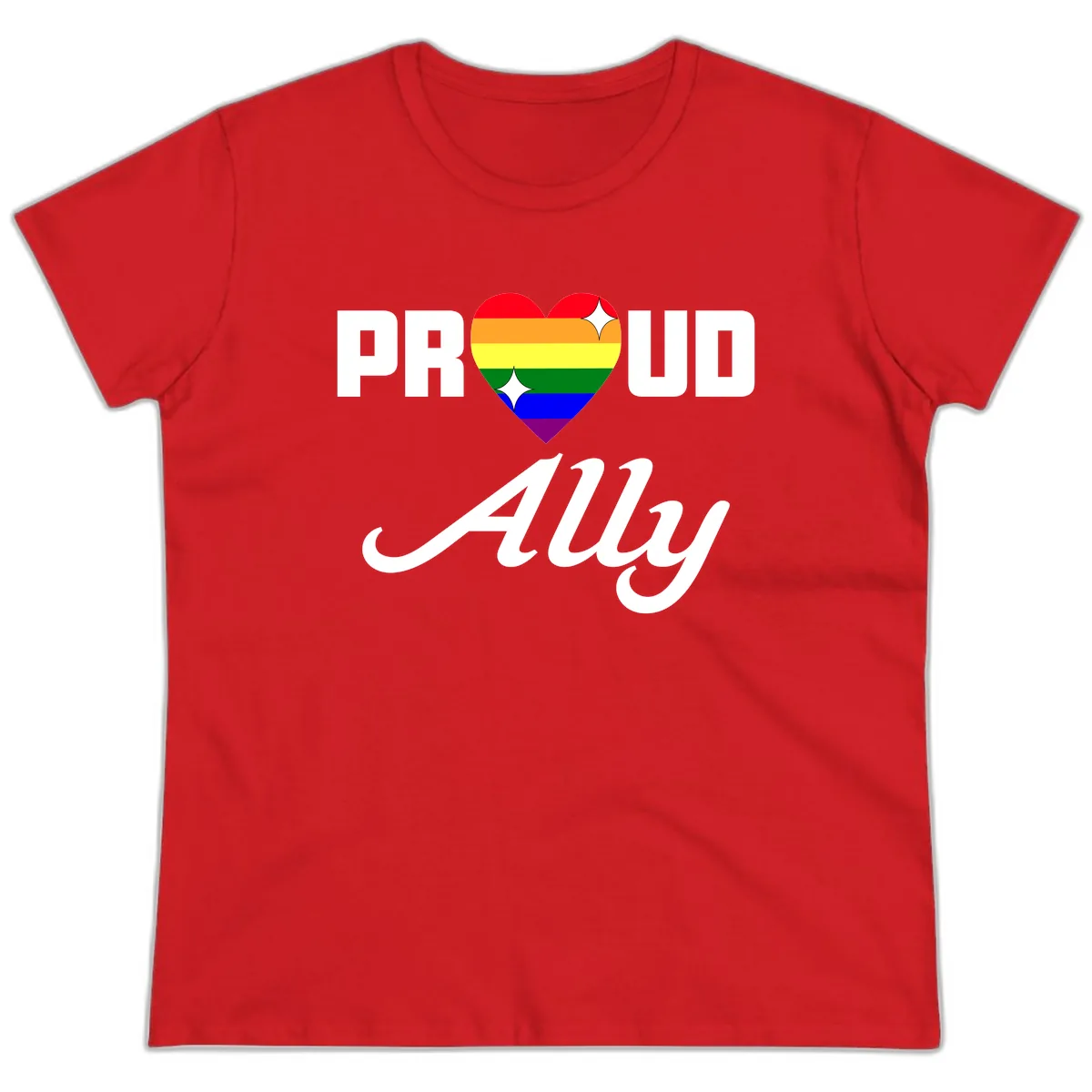 Proud Ally Rainbow Heart Ladies Tee in Red