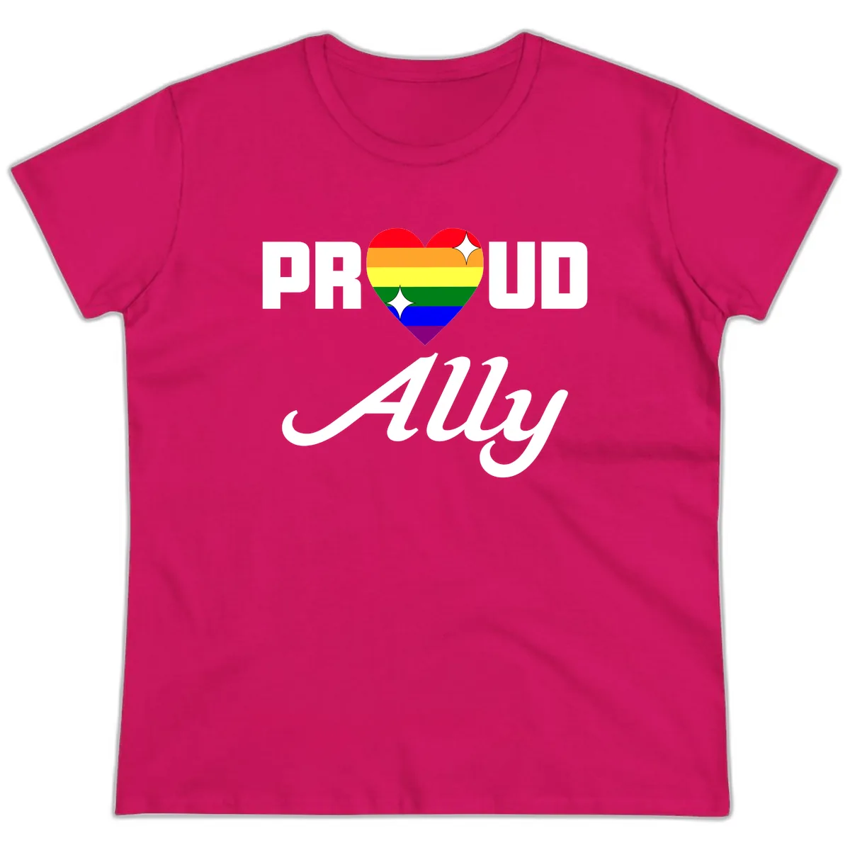 Proud Ally Rainbow Heart Ladies Tee in Heliconia