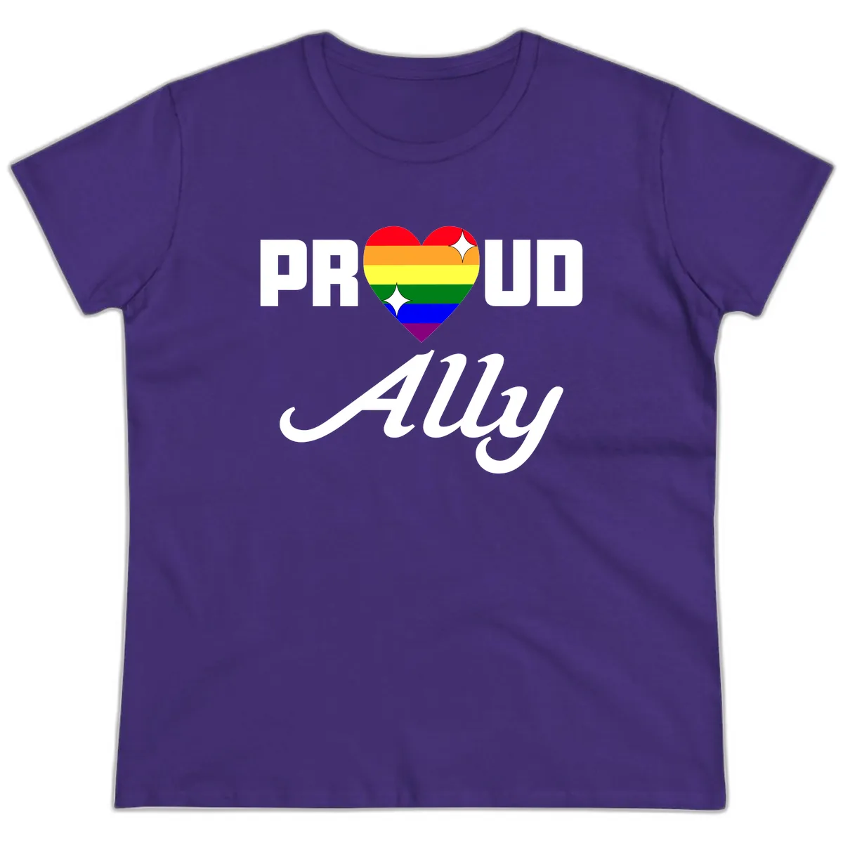 Proud Ally Rainbow Heart Ladies Tee in Purple