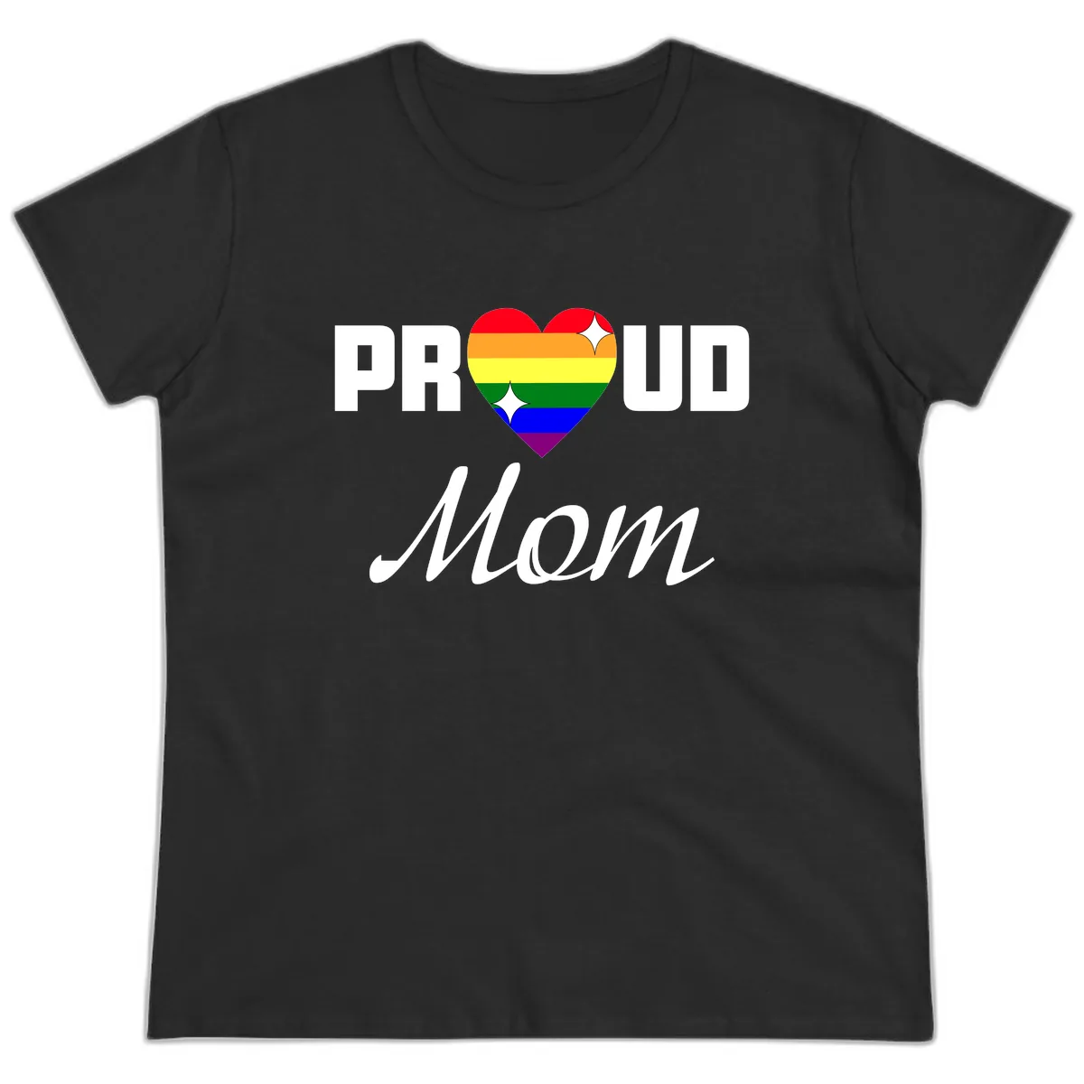 Proud Mom Rainbow Heart Ladies Tee in Black