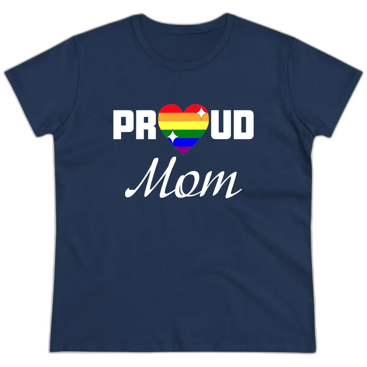 Proud Mom Rainbow Heart Ladies Tee in Navy