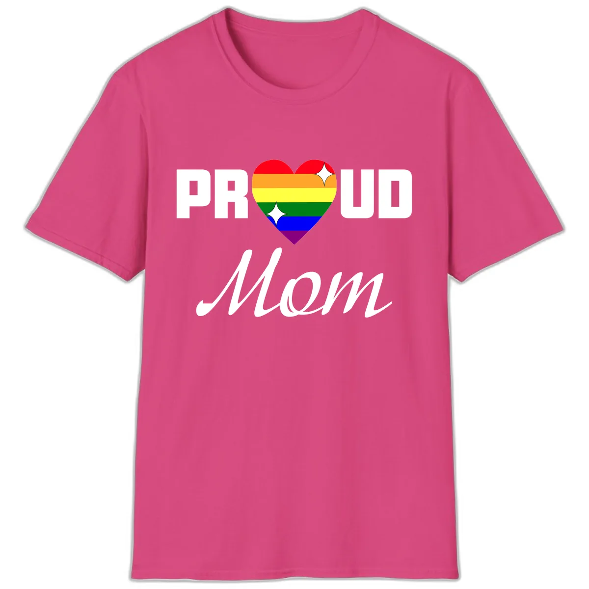 Proud Mom Rainbow Heart T-Shirt in Heliconia