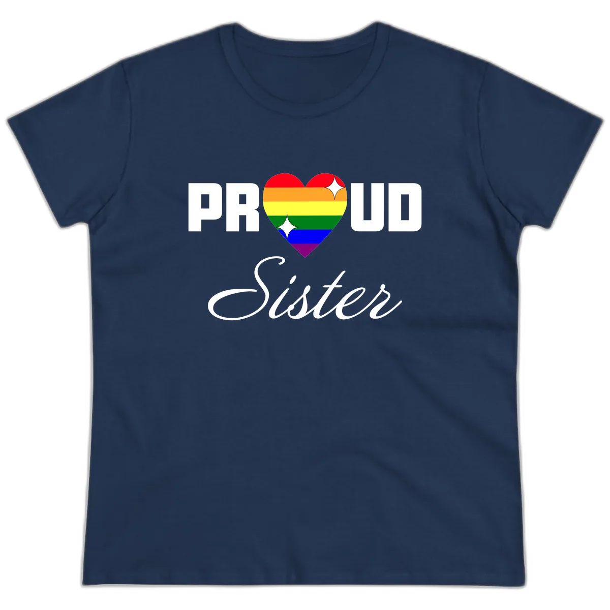 Proud Sister Rainbow Heart Ladies Tee in Navy